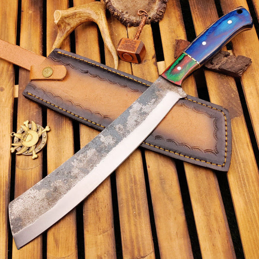 Handmade Carbon Steel Bowie Knife – Wood Handle & Leather Sheath (15")