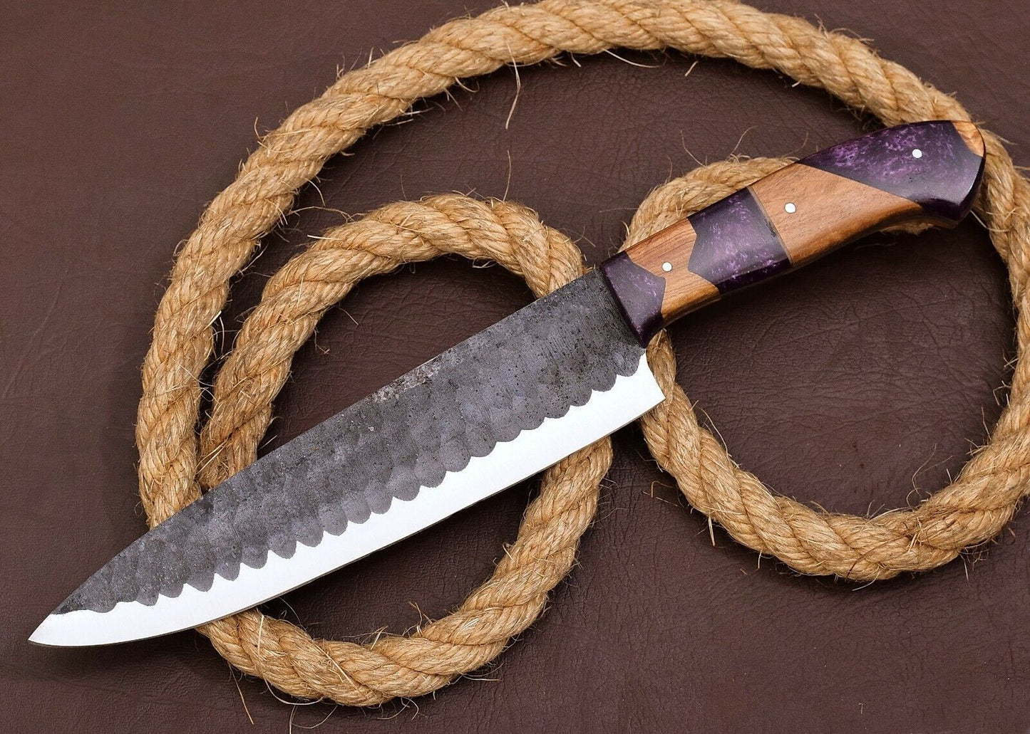 Handmade Carbon Steel Chef Knife  12" Damascus kitchen Knife with Wood and Resin Handle