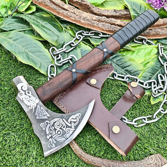 Handmade Carbon Steel Etched Blade Viking Tomahawk Hatchet Axe with Walnut Wood Leather Wrapped Handle and Sheath