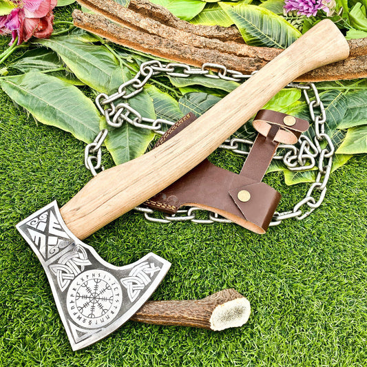 Handmade Carbon Steel Etched Norse Viking Tomahawk Axe with Ashwood Handle – EDC Hatchet