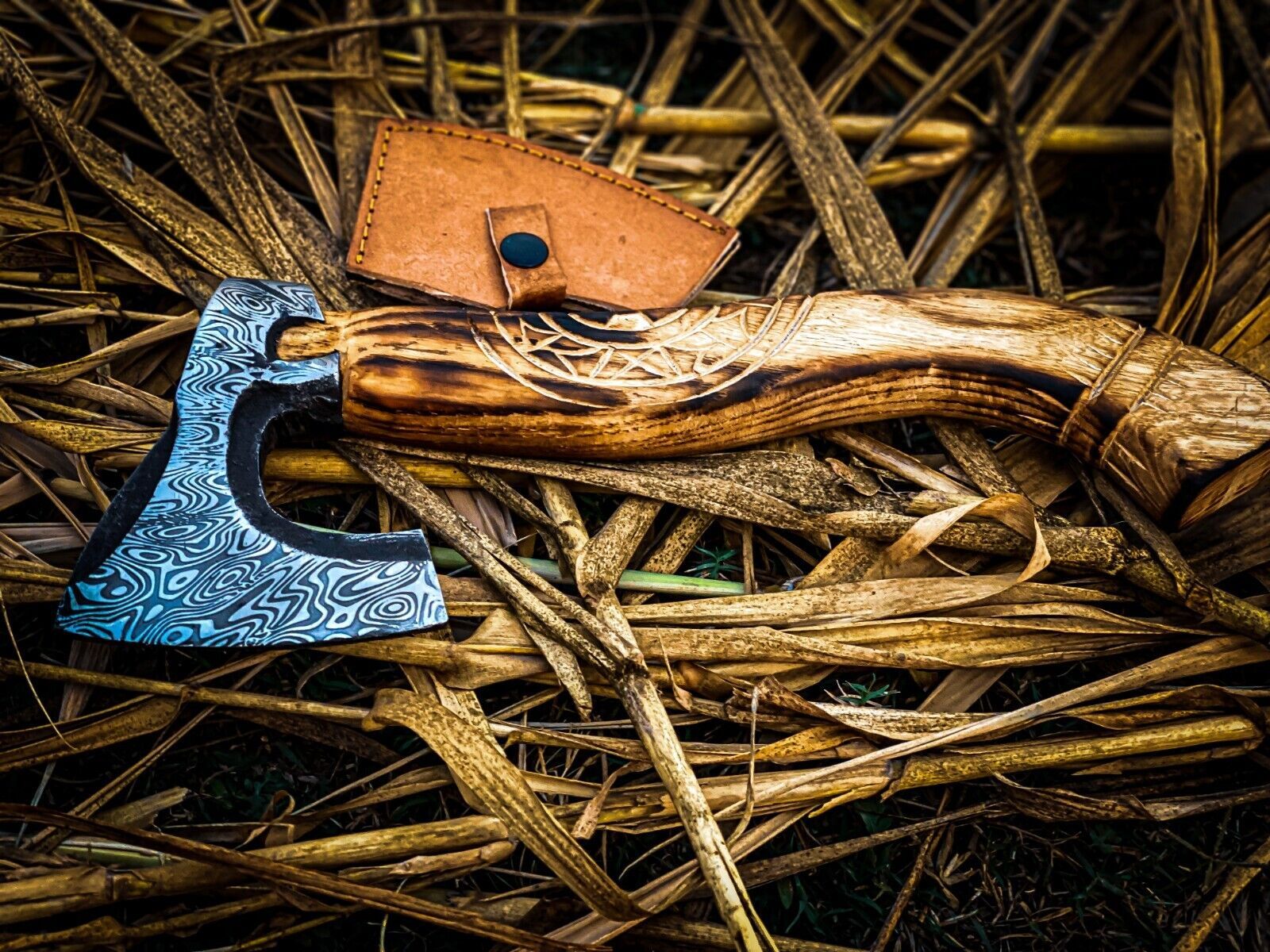  Handmade Carbon Steel Hunting Axe with Ash Wood Handle and Leather Sheath