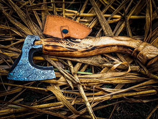  Handmade Carbon Steel Hunting Axe with Ash Wood Handle and Leather Sheath