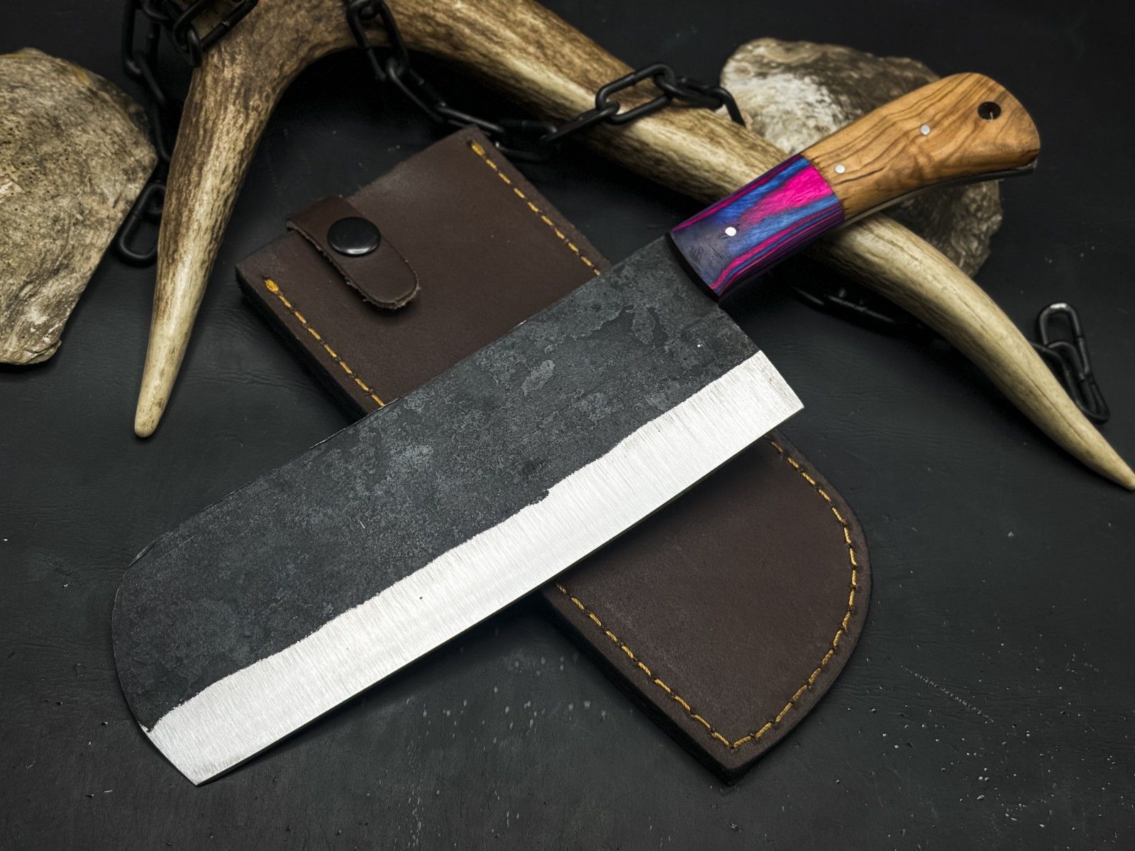 Handmade Carbon Steel Kitchen Chef Cleaver Knife with Resin Handle & Cow Leather Sheath


