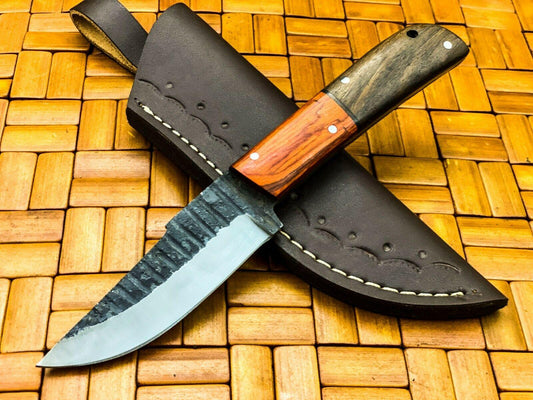 Handmade Carbon Steel Skinner Knife | Fixed Blade with Hardwood Handle & Leather Sheath