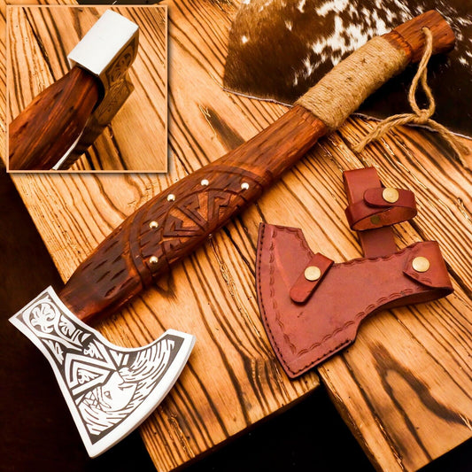 Handmade Carbon Steel Viking Axe Tomahawk – Bearded Axe with Ash Wood Handle and Leather Sheath
