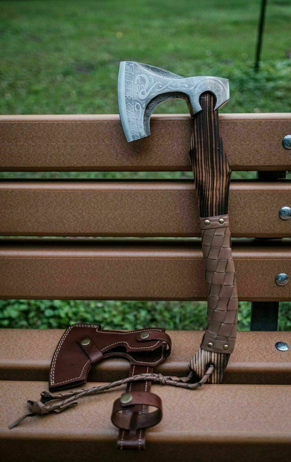 Handmade Carbon Steel Viking Bearded Axe with Ash Wood Handle and Leather Sheath – Custom Engraved Gift
