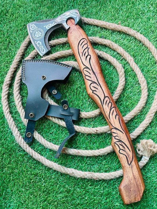 Handmade Carbon Steel Viking Bearded Integral Tomahawk Axe with Wooden Handle and Leather Sheath