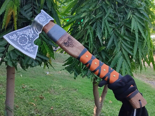 Handmade Carbon Steel Viking Throwing Axe – Olive Wood Handle with Leather Sheath