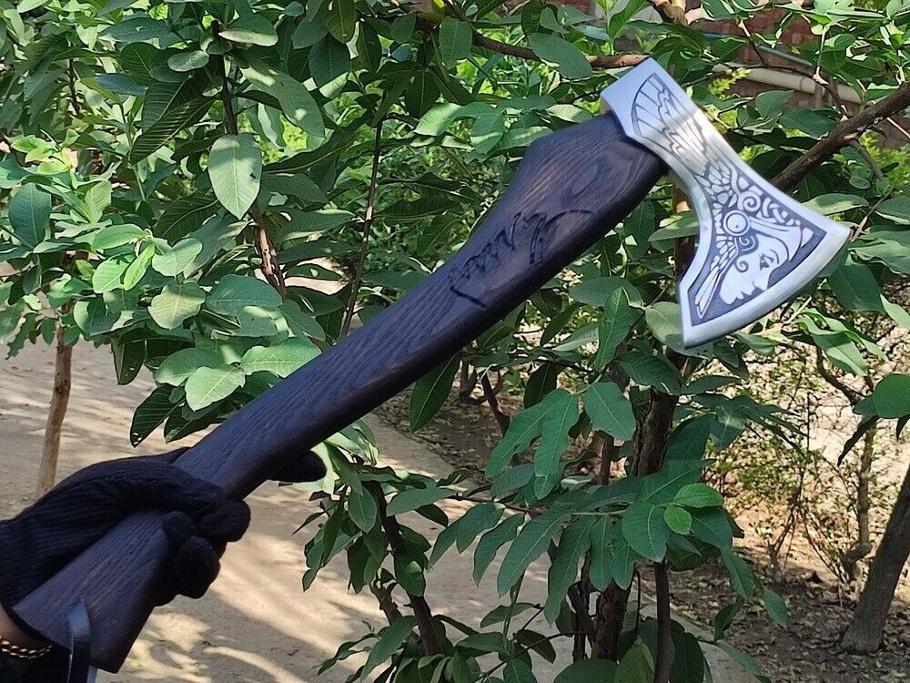 Handmade Carbon Steel Viking Throwing Axe with Ashwood Carved Handle and Leather Sheath