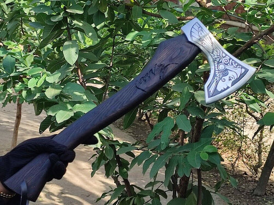 Handmade Carbon Steel Viking Throwing Axe with Ashwood Carved Handle and Leather Sheath