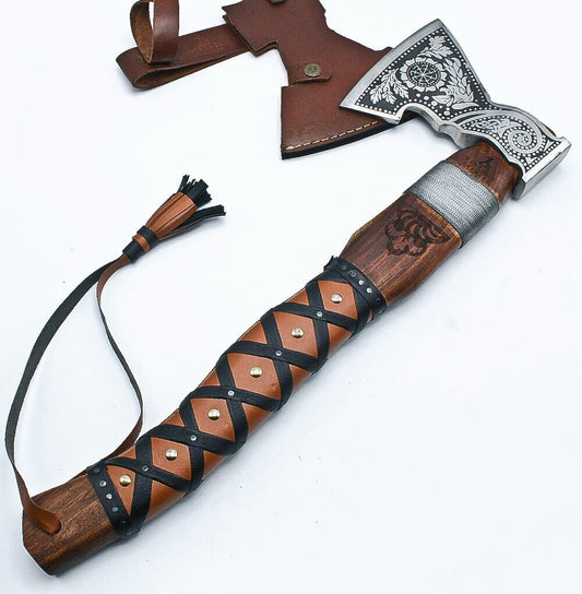 Handmade Carbon Steel Viking Throwing Axe with Carved Ashwood Handle and Leather Sheath