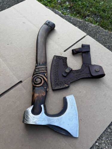 Handmade Carbon Steel Viking Throwing Axe with Walnut Wood Handle and Leather Sheath