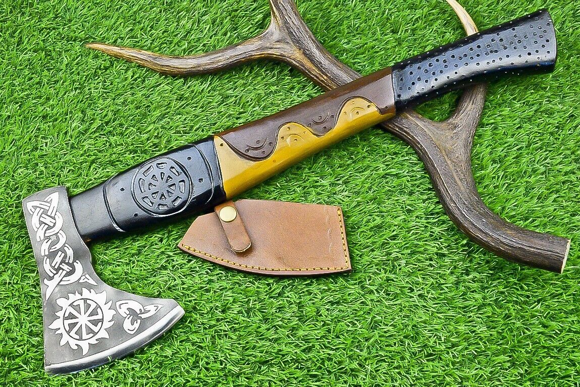Handmade Carbon Viking Axe Steel Axe with Wooden Handle and Leather Sheath