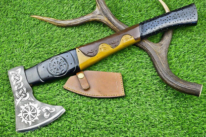 Handmade Carbon Viking Axe Steel Axe with Wooden Handle and Leather Sheath