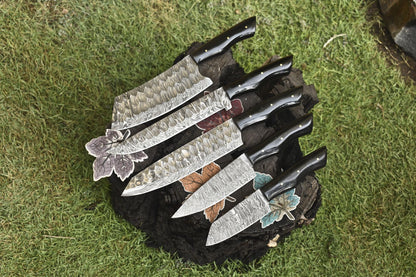 Handmade Chef Knife Set Twist Damascus Steel with Corian Handles – Lot of 5 EDC Razor Sharp Knives