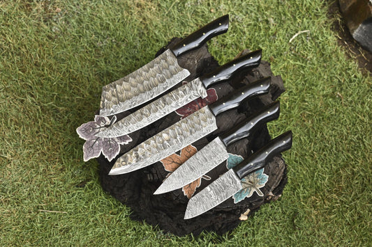 Handmade Chef Knife Set Twist Damascus Steel with Corian Handles – Lot of 5 EDC Razor Sharp Knives
