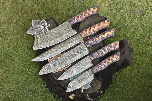 Handmade Chef Knife Set Twist Damascus Steel with Hard Wood Handles – Lot of 5 Hunting & Kitchen Knives