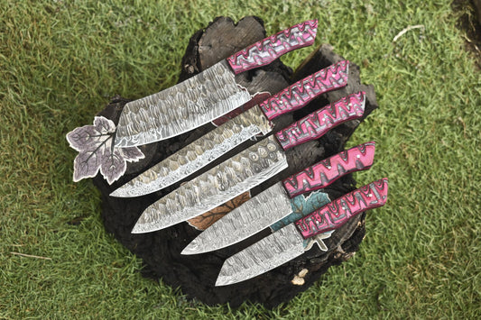 Handmade Chef Knife Set Twist Damascus Steel with Hard Wood Handles – Lot of 5 Sports & Rare Knives