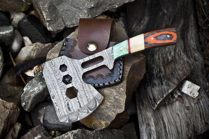 Handmade Clever Chopper Axe Knife Twist Damascus with Bone and Wood Handle and Leather Sheath