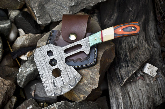Handmade Clever Chopper Axe Knife Twist Damascus with Bone and Wood Handle and Leather Sheath