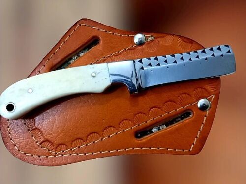 Handmade Cowboy Bull Cutter Knife With Hoof Rasp Steel And Bone Handle With Sheath 