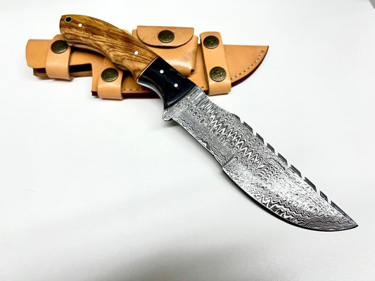Handmade Custom Bowie Tracker Knife – Damascus Steel Hunting Camping Boot Knife with Sheath