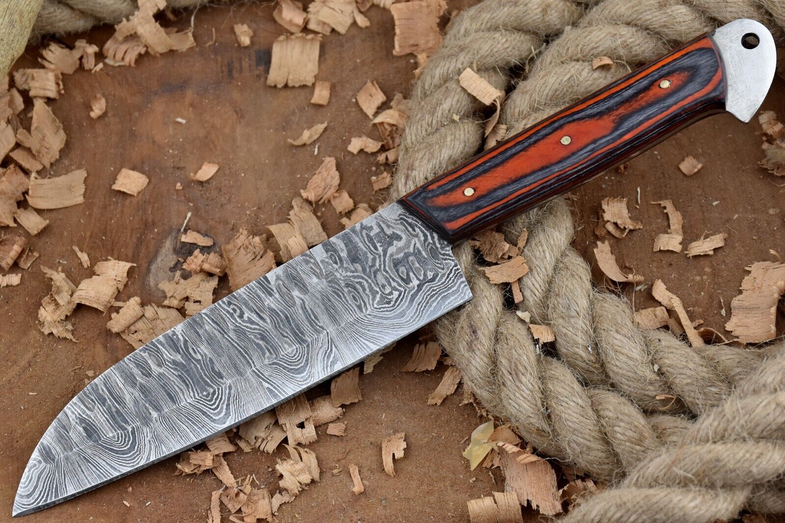 Handmade Custom Damascus Steel Chef Knife – Full Tang Kitchen Knife with Black & Orange Dollar Sheet Handle