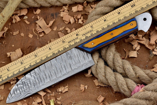 Handmade Custom Damascus Steel Chef Knife – Full Tang Kitchen Knife with Blue & Yellow Dollar Sheet Handle