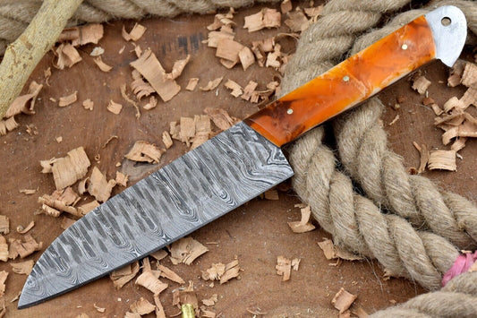 Handmade Custom Damascus Steel Chef Knife – Full Tang Kitchen Knife with Orange Raisin Handle