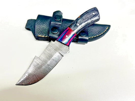 Handmade Custom Damascus Tracker Knife – Wood Handle Hunting & Camping with Sheath