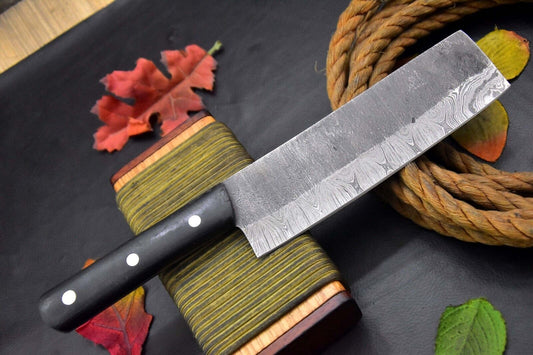 Handmade Custom Hammered Damascus Steel Fixed Blade Chef Nakri Knife with G‑10 Micarta Handle

