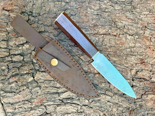 Handmade Custom Japanese Style Damascus Paring Knife – 9" Kitchen Cutting & Cooking Knife with Wood Handle and Leather Sheath

