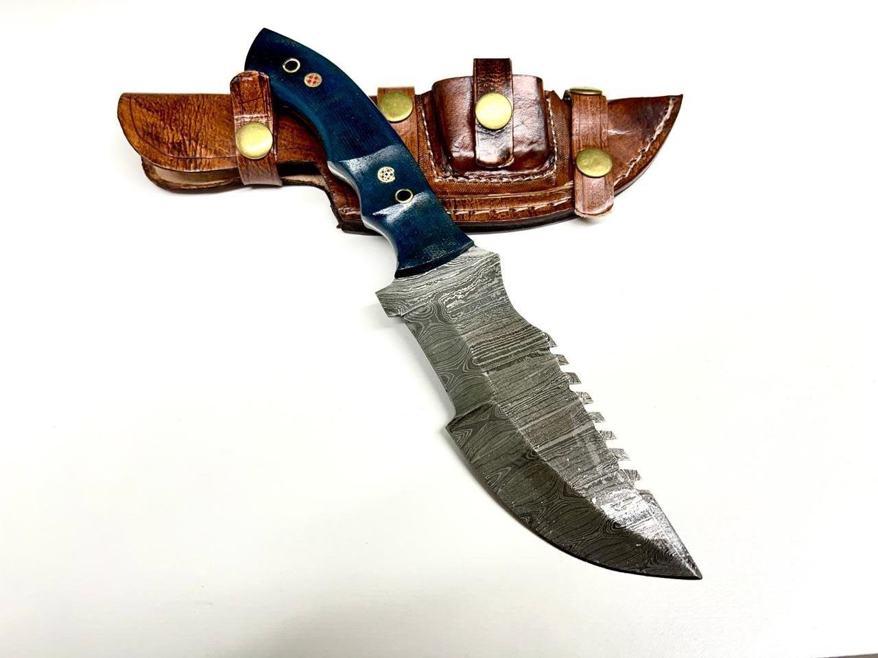Handmade Custom Tracker Knife Micarta Handle Damascus Steel Camping Hunting Knife with Sheath