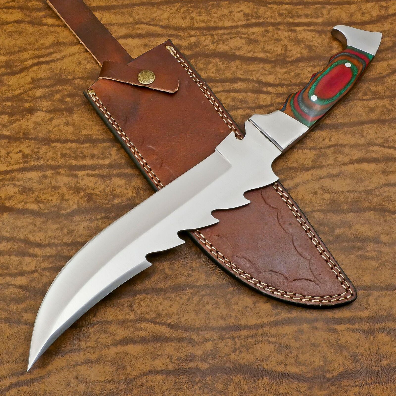 Handmade D2 Clip Point Bowie EDC Hunting Knife – 12" Full Tang with Pakka Wood Handle