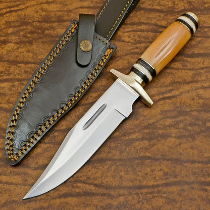 Handmade D2 Clip Point Bowie EDC Hunting Knife – Bone & Wood Handle with Sheath