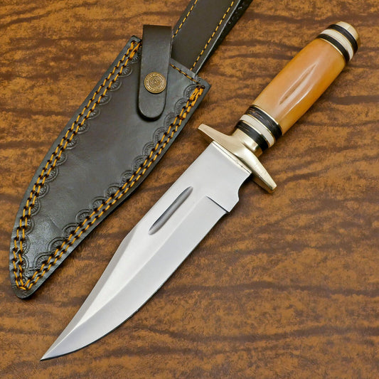 Handmade D2 Clip Point Bowie EDC Hunting Knife – Bone & Wood Handle with Sheath