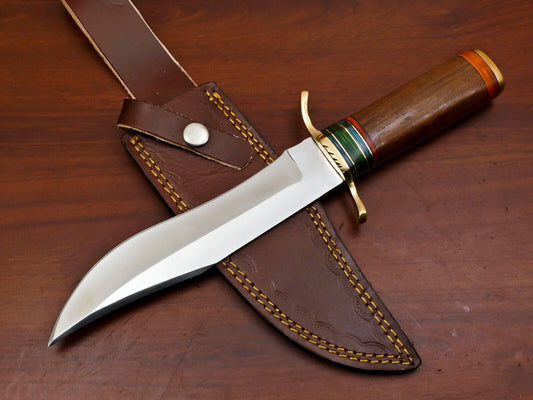Handmade D2 Clip Point Bowie Hunting Knife 12" Full Tang Fixed Blade with Wood Handle 