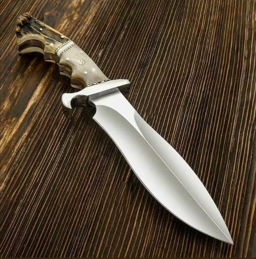 Handmade D2 Steel 14-Inch Bowie Hunting Knife – Natural Deer Antler Handle