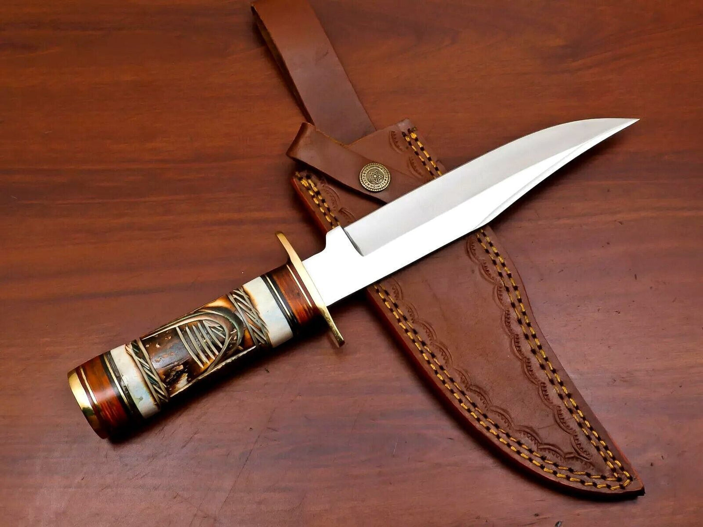 Handmade D2 Steel Best Bowie Knife Full Tang Burnt Camel Bone and Pakka Wood Handle
