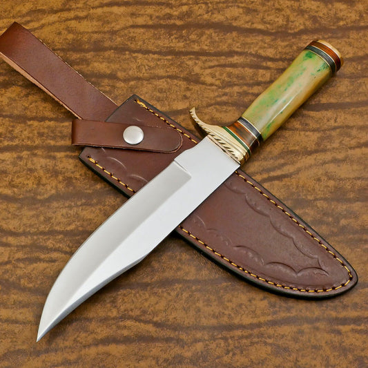 Handmade D2 Steel Bowie EDC Hunting Knife with Bone & Wood Handle – 12 Inch Full Tang