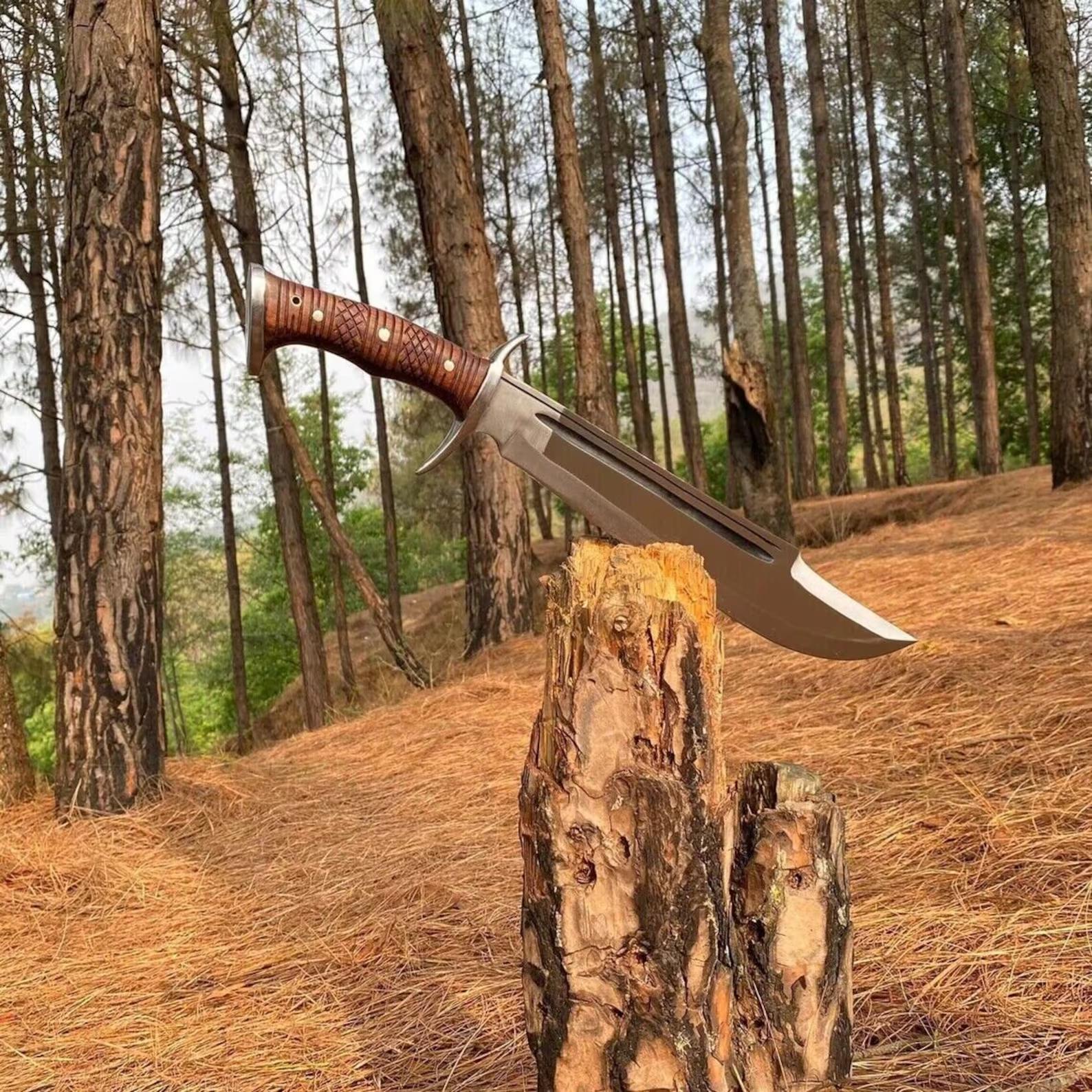 Handmade D2 Steel Bowie Hunting Survival Camping Knife with Leather Sheath – 14" Rosewood Handle