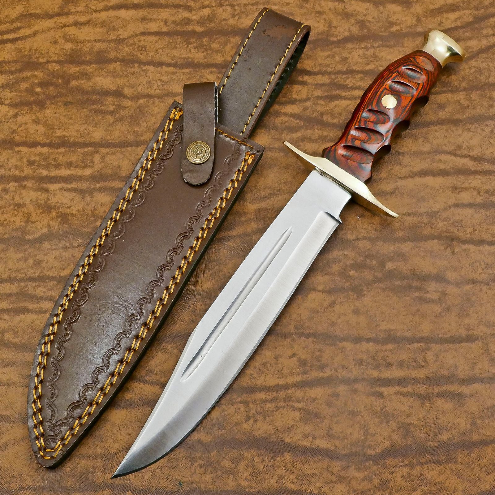 Handmade D2 Steel Bowie Knife | Camping & Hunting Fixed Blade with Pakka Wood Handle 14"
