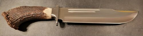 Handmade D2 Steel Bowie Knife with Stag Crown Handle and Leather Sheath 
