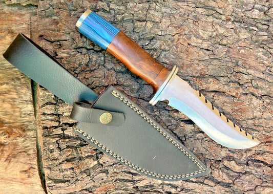 Handmade D2 Steel Camping Hunting Tactical Bowie Knife | 13" Sharp Blade with Wood Handle & Leather Cover