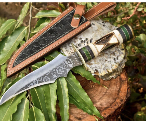 Handmade D2 Steel Etched Blade Combat Hunting Bowie Knife with Camel Bone Handle & Leather Sheath