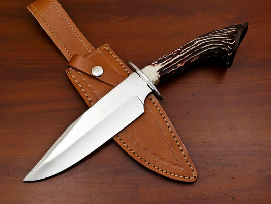 Handmade D2 Steel Fixed Blade Bowie Hunting Knife with Stag Handle