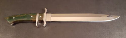 Handmade D2 Steel Hunting Bowie Knife | 12" Fixed Blade with Green Micarta Handle & Leather Sheath