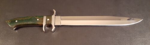 Handmade D2 Steel Hunting Bowie Knife | 12" Fixed Blade with Green Micarta Handle & Leather Sheath