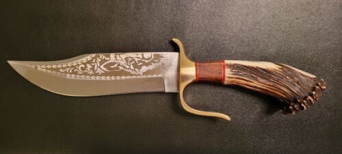 Handmade D2 Steel Hunting Bowie Knife | 16" Stag Crown Handle with Leather Sheath