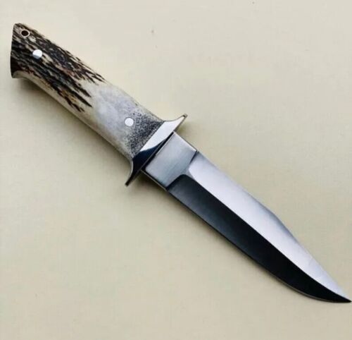 Handmade D2 Steel Hunting Bowie Knife with Stag Horn Handle & Leather Sheath